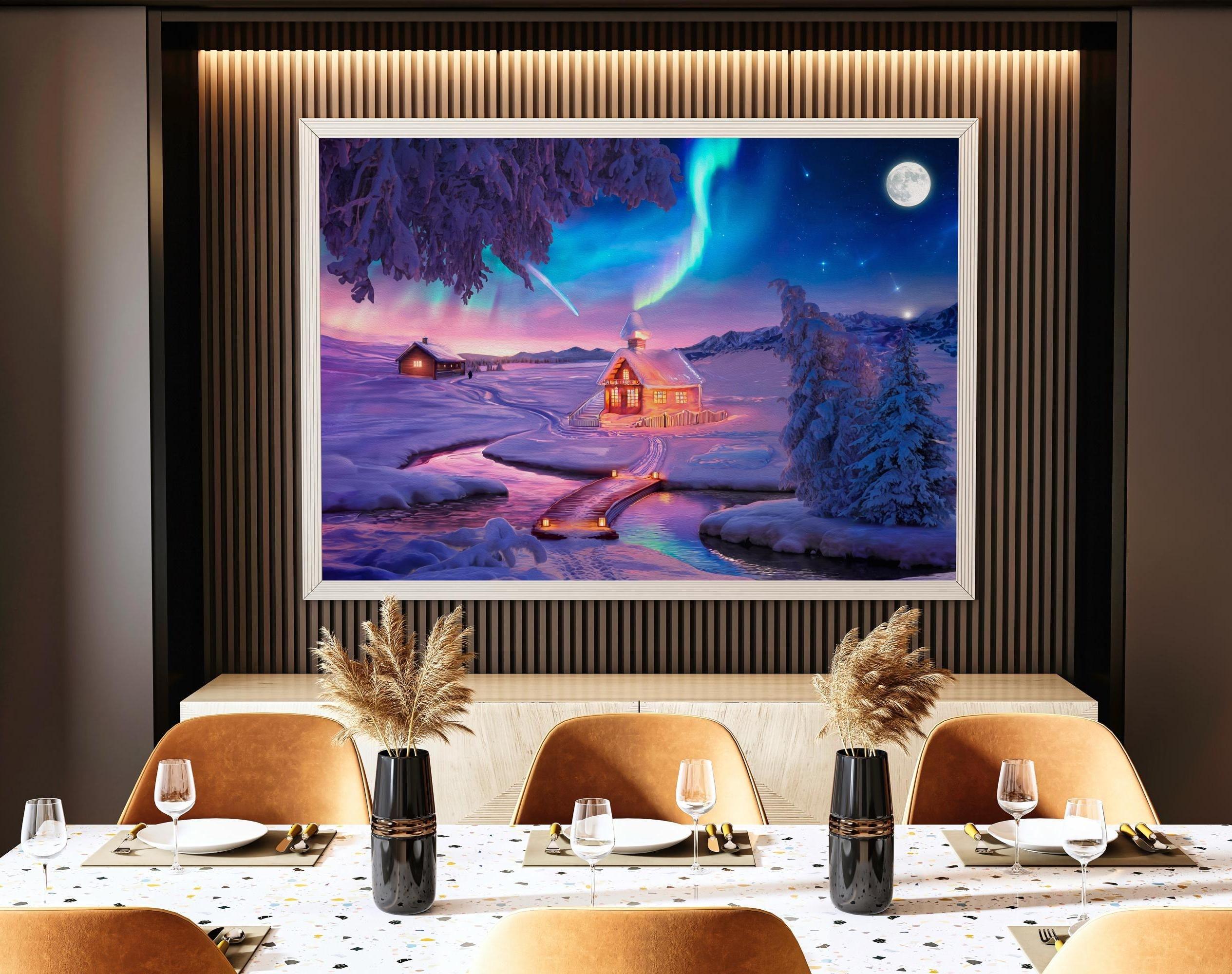 Colorful Winter Wonderland Oil Painting Wall Art | Northern Lights Landscape Decor | Panoramic Poster