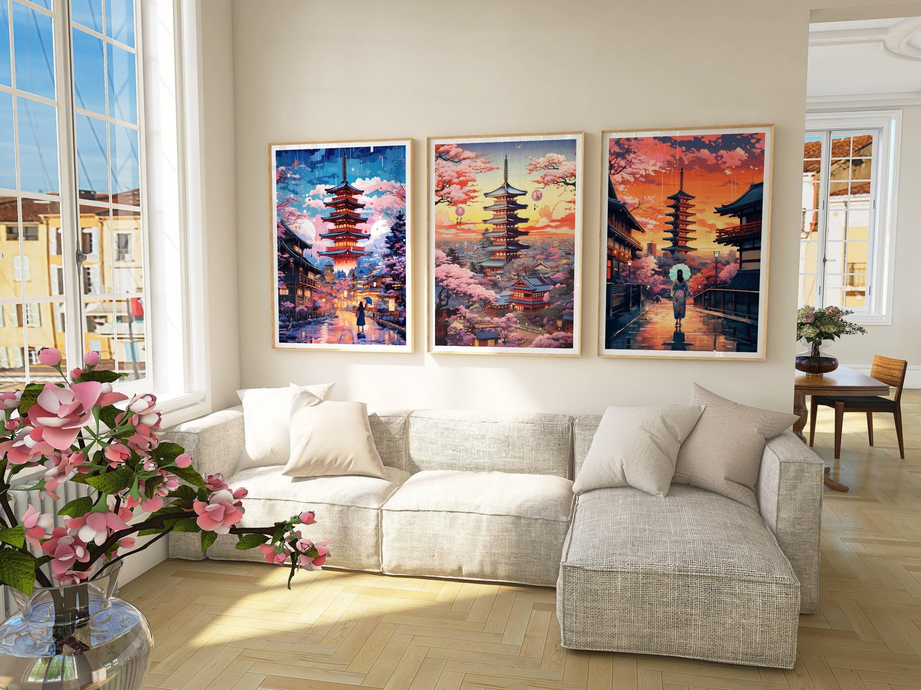 Kyoto Posters, Pink Cherry Blossom Print, 3 Piece Printable Wall Art, Set Of 3 Travel Poster, Japanese Colorful Set, Aesthetic Retro Poster