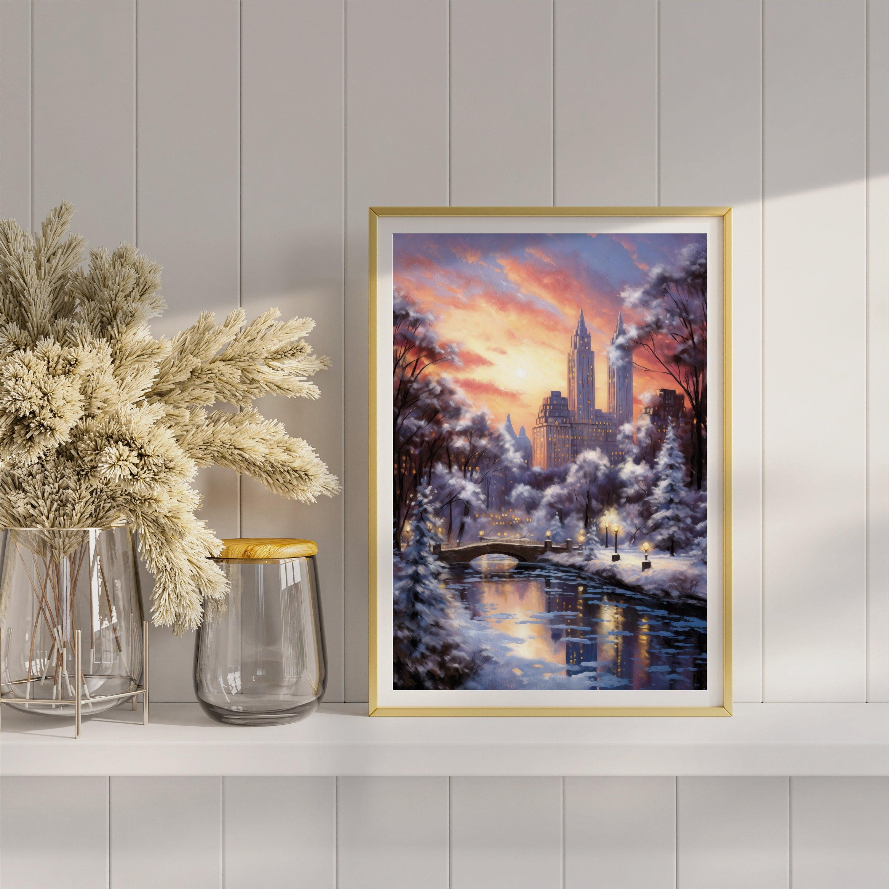 New York Winter Poster, Central Park Poster, Sunset Lights, Decor For World Traveller, Oil Painting Christmas Gift, Aesthetic Snowing