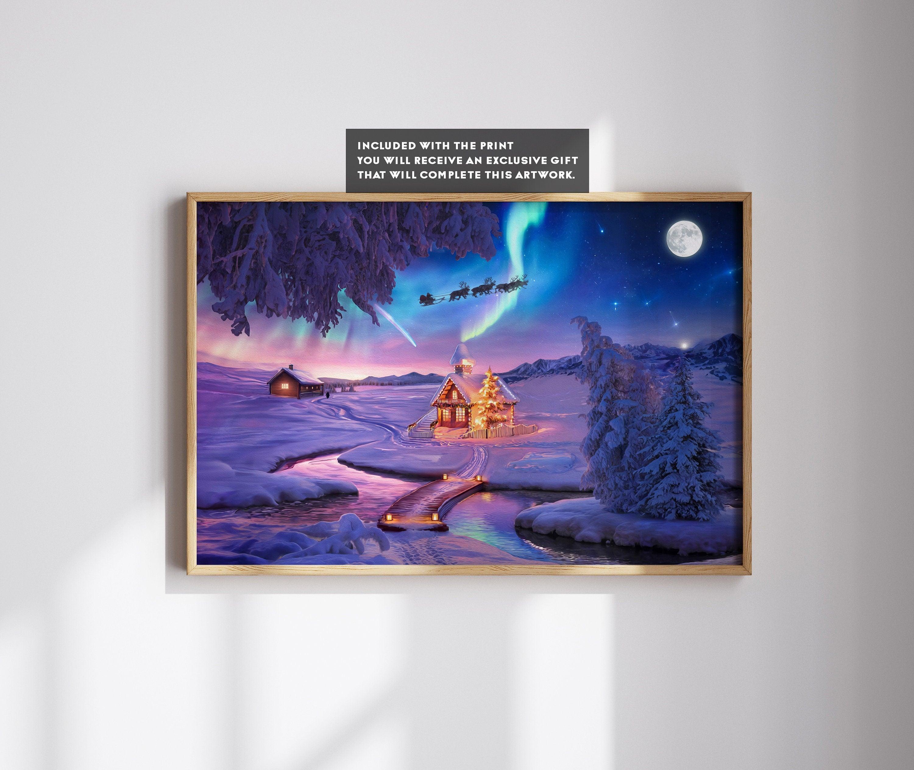Santa Claus Christmas Village Printable Decor, Aurora Borealis Light Art, Lapland Christmas Tree Light Poster, Colorful Starry Sky Night